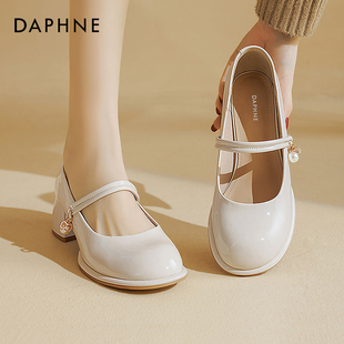 达芙妮法式玛丽珍女鞋小皮鞋，2024夏季白色高跟凉鞋女厚底单鞋