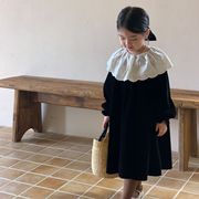 韩版女童复古丝绒连衣裙，2023秋季儿童，赫本风蕾丝花边领公主裙