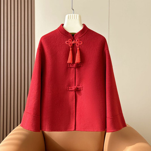 新中式国风盘扣双面羊绒，大衣女秋冬小个子红色短款羊毛呢外套