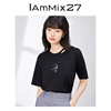 iammix27黑色短袖t恤女夏季宽松休闲不对称镂空印花圆领全棉上衣