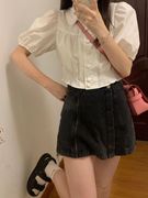 白色别致绝美上衣法式泡泡短袖，衬衫女夏季polo领辣妹短款小众衬衣