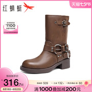 红蜻蜓棕色骑士靴2023秋夏季女鞋朋克长筒靴机能风复古靴子潮