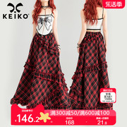 keiko美式复古红色格纹半身长裙24夏季文艺松紧高腰a字大摆伞裙