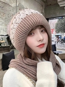 加绒加厚韩版冬季针织针织毛线帽子围巾一体纯色保暖护耳帽女