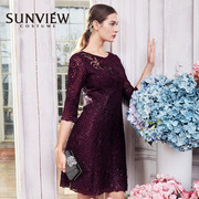 sunview尚约圆领，刺绣蕾丝七分袖，时尚连衣裙镂空装饰2023