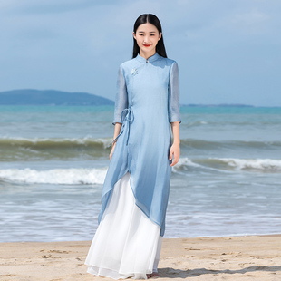 旗袍改良版连衣裙夏装2022小个子中国风古风女装禅服茶服套装