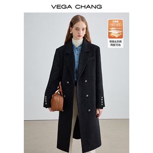 vegachang加厚毛呢外套女2023年冬季高级感黑色，气质呢子大衣