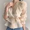 RIXO EXIT法式气质v领荷叶边中长袖衬衫女装春夏季温柔收腰雪纺衫