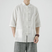 日系新中式复古唐装中国风，亚麻衬衫男长袖，棉麻立领中山短袖衬衣男