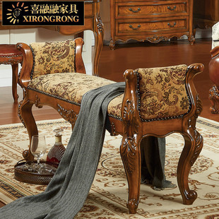 美式乡村实木床尾凳欧式古典小沙发布艺，床边凳卧室床榻床凳长凳