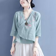 夏季棉麻绣花斜襟扇形，系带中袖上衣女中国风，复古禅意衬衫茶服
