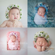 新生儿满月百天儿童花朵白蓝色(白蓝色)粉红色向日葵，摄影宝宝拍照帽子道具