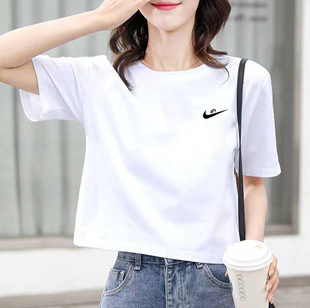 白色短款圆领短袖t恤女2023夏季宽松显瘦小个子，女生纯棉半袖t