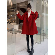 圣汀红色呢子大衣女，中长款2021年冬季韩版小个子，气质西装领毛