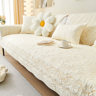 纯棉沙发垫布艺四季通用皮沙发套罩简约现代沙发坐垫纯色绣花垫子