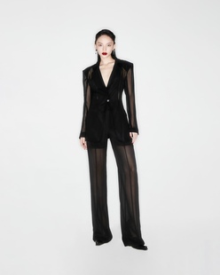 越南MUSTHAVE原创设计黑色气质雪纺透明西装外套搭时尚宽腿裤套装