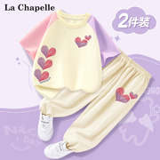 拉夏贝尔女童夏装套装夏季女孩，运动防蚊裤，2024夏款中大童短袖