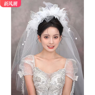 韩子造型头纱新娘主婚纱短款花朵，高级感结婚领证求婚旅拍照发饰品