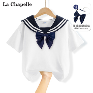 拉夏贝尔女童短袖t恤儿童海军，领上衣白色学院，风夏装大童纯棉衣服