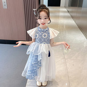 女童旗袍裙夏装儿童，六一蓬蓬纱演出服小女孩青花瓷，中式国风连衣裙