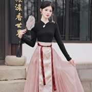 新中式古装马面裙搭配汉服上衣套装国风黑色长袖T恤日常镂空小衫
