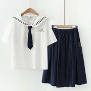 2021年夏装甜美海军风两件套 日系小清新短袖白色衬衫+半身裙套装