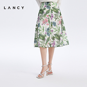LANCY/朗姿女装2023夏季高腰显瘦A字裙子女中长款印花半身裙
