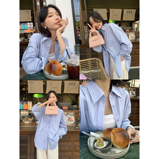 pusumede高级感蓝色条纹，衬衫女韩系宽松长袖衬衣，设计感小众上衣