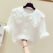 2024夏装韩版时尚蕾丝花边娃娃领短袖白衬衫女休闲气质衬衣潮
