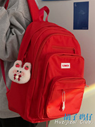 日系工装大容量书包，女韩版高中学生初中生，双肩包多口袋红色背包男