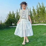 韩范女童夏装套装裙子2024洋气女大童短袖马甲三件套夏款长裙