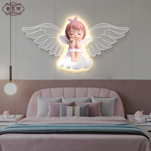 守护天使儿童房装饰画创意卡通，女孩公主房床头，挂画发光卧室壁灯画