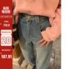 陆小团团复古磨白加绒牛仔裤2024春季新女高腰宽松设计感小众裤子