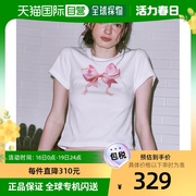 韩国直邮ronron上装t恤女款宽松短款粉色，印花设计潮流时尚日常