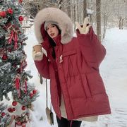 红色大毛领连帽羽绒服女冬季2023韩版宽松加厚保暖牛角扣外套