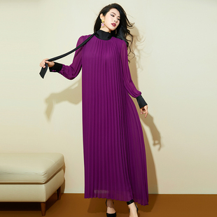 紫色长袖连衣裙女春季时尚气质收腰显瘦百褶拼接中长款a字裙