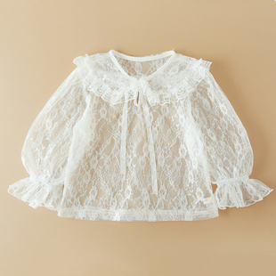 女童春季打底衫洋气儿童装长袖，t恤宝宝，白色薄款公主网纱蕾丝上衣