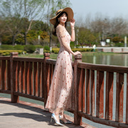 粉色网纱连衣裙女长款2021年夏季短袖裙子淑女风，修身显瘦绣花长裙