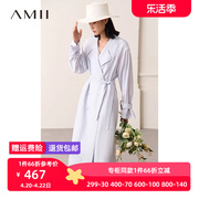 Amii2023春新含醋酸配腰带双排扣配腰带长款风衣女高开叉上衣外套