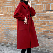 冬季大码女装红色毛呢外套，胖mm200斤韩版宽松娃娃领牛角扣大衣