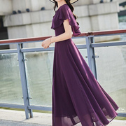 紫色裙别致雪纺长裙2024连衣裙，显瘦雪纺大摆裙子到脚踝