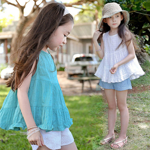 女童娃娃衫夏季韩版公主中大童夏装上衣时髦洋气无袖t恤儿童小衫