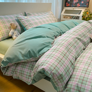 复古格子学生三件套磨毛床单被套四件套单人床上用品床笠q.