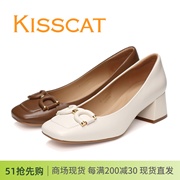 kisscat接吻猫2024春款粗跟方头浅口羊皮，女鞋单鞋气质法式中跟鞋