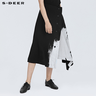 sdeer圣迪奥女夏季半身裙撞色印花不规则A字黑色长裙S21281118