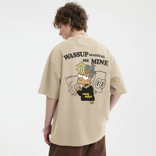 WASSUP美式复古卡其色短袖t恤潮夏季男款重磅纯棉卡通印花体恤衫