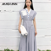 Magyann淡雅浅茶设计原创拼色口袋开领连衣裙女夏季高腰长裙