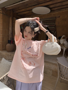 馨帮帮sinbounboun韩版少女上衣正肩半袖涂鸦宽松粉色t恤短袖女夏