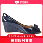 salvatoreferragamo女士深蓝色牛皮，蝴蝶结鱼嘴坡跟鞋0539742