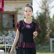 新中式国风复古贴布刺绣短袖t恤女夏季2024修身显瘦纯棉上衣